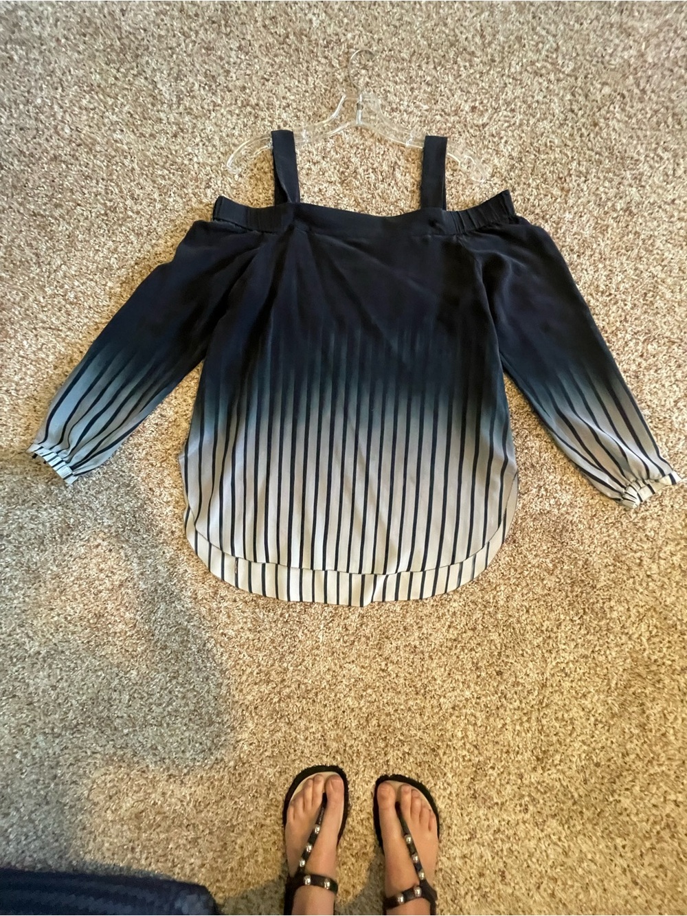GO BY GO SILK Black to Gray Ombre Off-Shoulder Striped Blouse